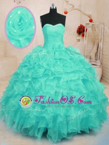 Customized Turquoise Lace Up Quinceanera Dresses Beading and Ruffles and Hand Made Flower Sleeveless Floor Length