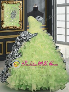 Simple Printed Yellow Green Sweetheart Neckline Beading and Ruffles and Pattern Sweet 16 Quinceanera Dress Sleeveless Lace Up