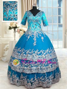Floor Length Teal Sweet 16 Dresses Tulle Half Sleeves Beading and Lace and Appliques and Ruffled Layers