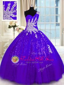 Perfect One Shoulder Purple Ball Gowns Appliques Quinceanera Gowns Lace Up Tulle and Sequined Sleeveless Floor Length
