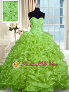 Low Price Organza Lace Up Sweetheart Sleeveless With Train Quince Ball Gowns Sweep Train Beading and Pick Ups