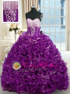 High Quality Brush Train Ball Gowns 15 Quinceanera Dress Purple Sweetheart Organza Sleeveless With Train Lace Up
