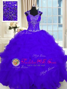Cap Sleeves Organza Floor Length Lace Up Quince Ball Gowns in Purple for with Beading and Ruffles