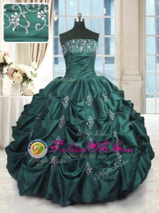 High Quality Peacock Green Sleeveless Beading and Appliques and Embroidery and Pick Ups Floor Length Ball Gown Prom Dress