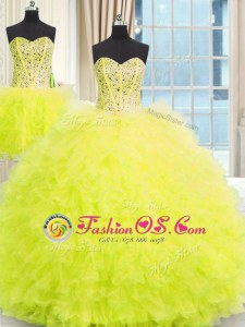 Three Piece Floor Length Lace Up Sweet 16 Quinceanera Dress Yellow and In for Military Ball and Sweet 16 and Quinceanera with Beading and Ruffles