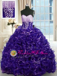 Elegant Lilac Ball Gowns Straps Sleeveless Organza Floor Length Lace Up Beading and Ruffles Quinceanera Dresses
