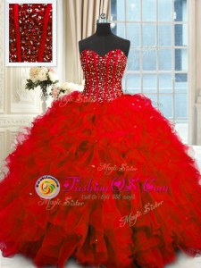 Sequins Red Sleeveless Organza Lace Up Quinceanera Dresses for Military Ball and Sweet 16 and Quinceanera