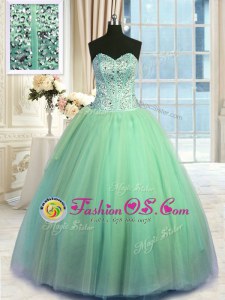 Glamorous Turquoise Lace Up 15 Quinceanera Dress Beading and Ruching Sleeveless Floor Length