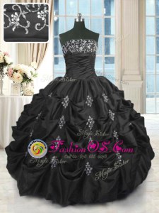 Designer Strapless Sleeveless Tulle Quince Ball Gowns Pick Ups and Hand Made Flower Lace Up