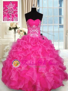 Beauteous Hot Pink Sweetheart Neckline Beading and Appliques and Ruffles Ball Gown Prom Dress Sleeveless Lace Up
