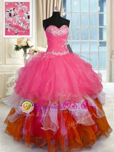 Customized Sleeveless Floor Length Beading and Ruffled Layers Lace Up Quinceanera Dress