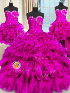 Dynamic Four Piece Fuchsia Three Pieces Beading and Ruffles and Ruching Quinceanera Dress Lace Up Organza Sleeveless Floor Length