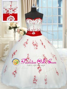 Beautiful Floor Length White Sweet 16 Dress Tulle Sleeveless Appliques and Belt