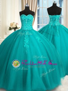 Teal Sleeveless Tulle Lace Up Quinceanera Gowns for Military Ball and Sweet 16 and Quinceanera