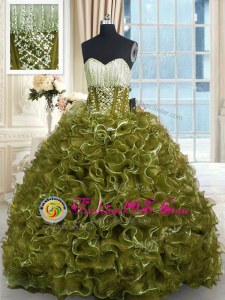 Trendy Olive Green Organza Lace Up Sweet 16 Dress Sleeveless With Brush Train Beading and Ruffles