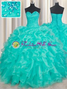 Shining Turquoise Organza Lace Up Quinceanera Gowns Sleeveless Floor Length Beading and Ruffles