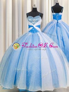 Sequins Spaghetti Straps Floor Length Ball Gowns Sleeveless Baby Blue Quinceanera Gowns Lace Up
