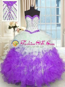 Hot Selling White And Purple Organza Lace Up Sweet 16 Quinceanera Dress Sleeveless Floor Length Beading and Ruffles