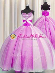 Fuchsia Ball Gowns Spaghetti Straps Sleeveless Organza Floor Length Lace Up Beading and Sequins and Ruching Ball Gown Prom Dress