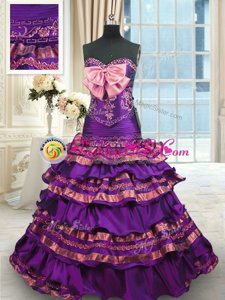 Purple Sleeveless Brush Train Appliques and Ruffled Layers and Bowknot Quinceanera Dresses