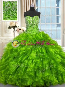 Enchanting Sweetheart Sleeveless Organza Ball Gown Prom Dress Beading and Ruffles Brush Train Lace Up
