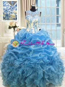 Scoop Floor Length Baby Blue Quinceanera Gown Organza Sleeveless Beading and Ruffles