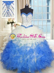 Blue And White Lace Up Quinceanera Dresses Beading and Ruffles Sleeveless Floor Length