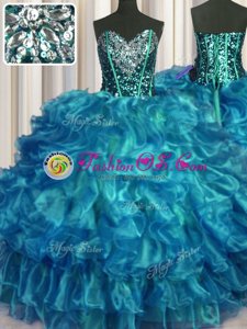 Sweetheart Sleeveless Lace Up Sweet 16 Dresses Teal Organza