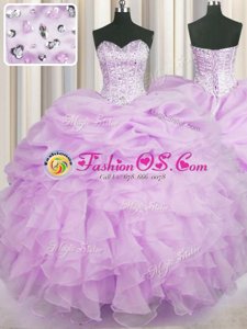Cute Lilac Organza Lace Up Vestidos de Quinceanera Sleeveless Floor Length Beading and Ruffles