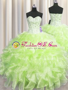 New Style Visible Boning Yellow Green Sleeveless Organza Zipper Quinceanera Dress for Military Ball and Sweet 16 and Quinceanera