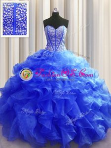 Hot Sale Visible Boning Royal Blue Organza Lace Up Vestidos de Quinceanera Sleeveless Floor Length Beading and Ruffles