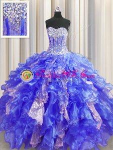 High Class Visible Boning Royal Blue Lace Up Sweetheart Beading and Ruffles and Sequins Quince Ball Gowns Organza and Sequined Sleeveless