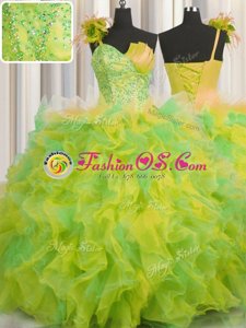 Gorgeous One Shoulder Handcrafted Flower Multi-color Lace Up Ball Gown Prom Dress Beading and Ruffles and Hand Made Flower Sleeveless Floor Length