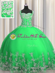 Hot Selling Apple Green Ball Gowns Beading and Appliques Quinceanera Dress Lace Up Tulle Sleeveless Floor Length