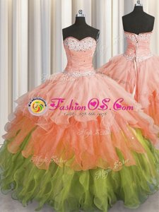 Flirting Multi-color Organza Lace Up 15th Birthday Dress Sleeveless Floor Length Beading and Ruffles and Ruffled Layers and Sequins