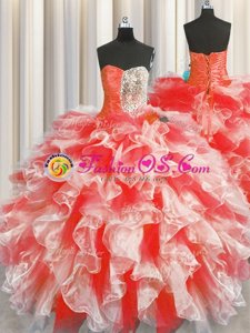 Red Quinceanera Gown Military Ball and Sweet 16 and Quinceanera and For with Beading and Ruffles Sweetheart Sleeveless Lace Up