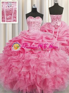 Sweet Visible Boning Floor Length Rose Pink Quinceanera Dress Organza Sleeveless Beading and Ruffles and Pick Ups