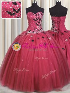 Graceful Coral Red Ball Gowns Sweetheart Sleeveless Tulle Floor Length Lace Up Beading and Appliques 15th Birthday Dress