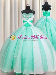 Apple Green Ball Gowns Organza Spaghetti Straps Sleeveless Beading and Ruching Floor Length Lace Up 15th Birthday Dress