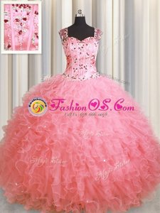 See Through Zipper Up Pink Sleeveless Floor Length Beading and Ruffles Zipper Quinceanera Gown