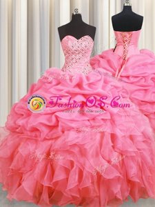 Halter Top Rose Pink Sleeveless Beading and Ruffles and Pick Ups Floor Length 15 Quinceanera Dress