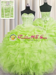 Visible Boning Yellow Green Sweetheart Lace Up Beading and Ruffles and Pick Ups Quinceanera Dresses Sleeveless
