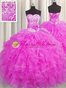 Handcrafted Flower Fuchsia Organza Lace Up 15th Birthday Dress Sleeveless Floor Length Beading and Ruffles and Hand Made Flower