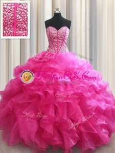Excellent Visible Boning Hot Pink Organza Lace Up Sweet 16 Dress Sleeveless Floor Length Beading and Ruffles