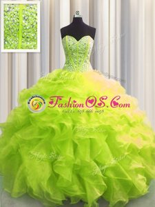 Best Sleeveless Organza Floor Length Lace Up Vestidos de Quinceanera in Turquoise for with Beading and Ruffles and Ruching and Pick Ups