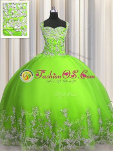 Super Floor Length Lace Up Sweet 16 Quinceanera Dress Gold and In for Military Ball and Sweet 16 and Quinceanera with Beading and Appliques