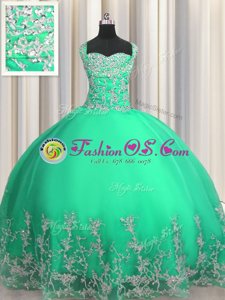 Decent Turquoise Ball Gowns Beading and Appliques Vestidos de Quinceanera Lace Up Organza Sleeveless Floor Length