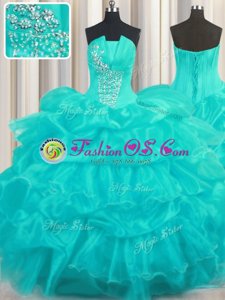 Sleeveless Organza Floor Length Lace Up Vestidos de Quinceanera in Aqua Blue for with Beading and Ruffled Layers and Pick Ups