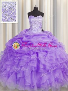 Customized Floor Length Lavender Sweet 16 Quinceanera Dress Organza Sleeveless Beading and Ruffles