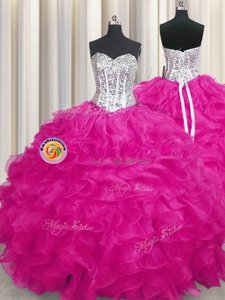 Trendy Fuchsia Ball Gowns Sweetheart Sleeveless Organza Lace Up Beading and Ruffles Sweet 16 Quinceanera Dress